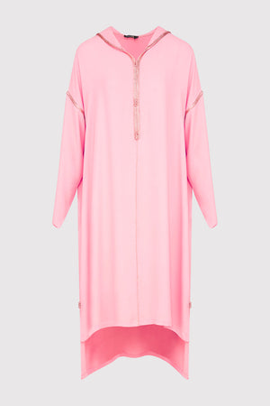 Djellaba Jamilata Long Sleeve Hooded High Low Hemline Maxi Dress in Pink