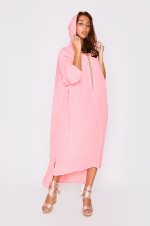 Djellaba Jamilata Long Sleeve Hooded High Low Hemline Maxi Dress in Pink