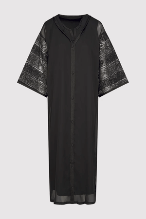 Djellaba Kmiss Beya Lace Sleeve Hooded Maxi Dress and Jacket Set in Black
