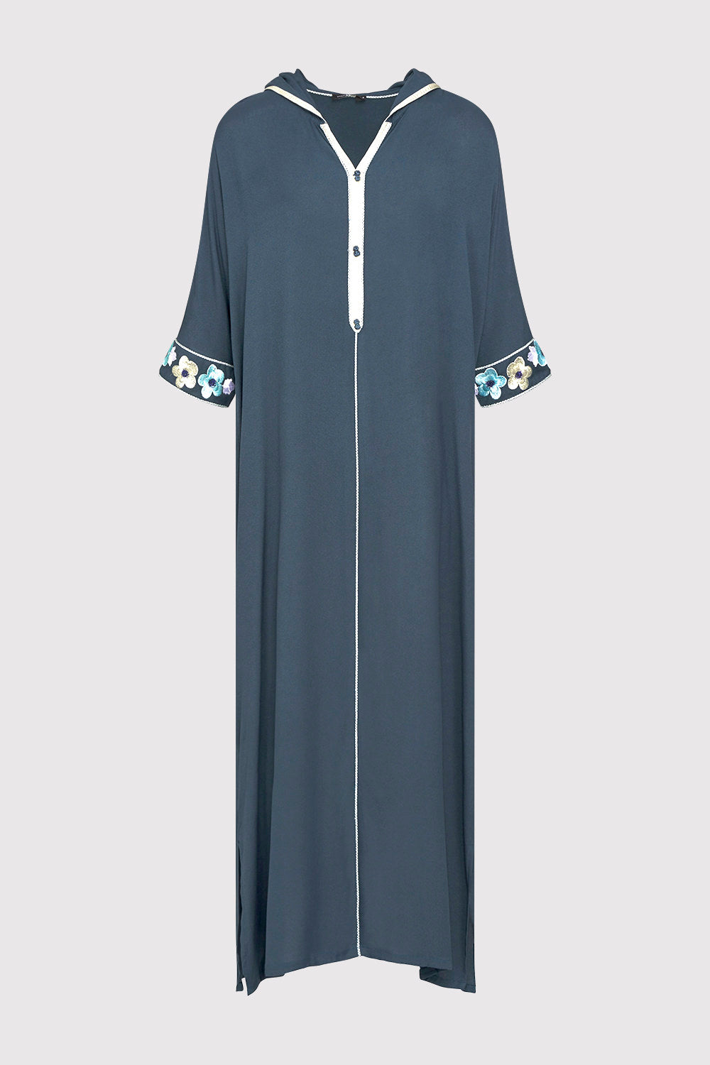 Djellaba Candice Embroidered Cropped Sleeve Hooded Maxi Dress in Petrol