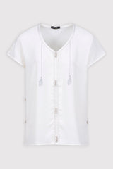Amira Short Sleeved Casual Embroidered & Crystal Top in White
