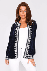 Neyla Velour Embroidered Long Sleeve Tunic Jacket in Marine Blue