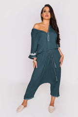 Souad Hooded Cropped Elastic Waist Jumpsuit and Rope Belt in Petrol