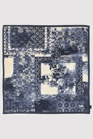 Silk Satin Scarf in Blue & Beige Print