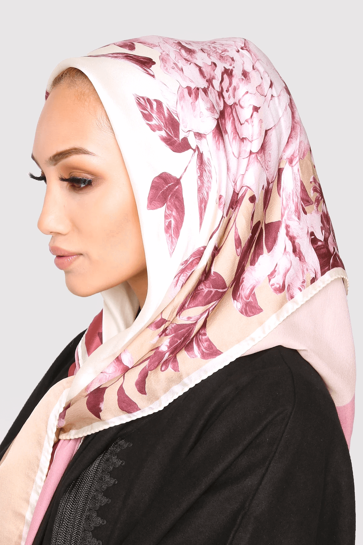 Silk Satin Scarf in Beige & Pink Floral Print