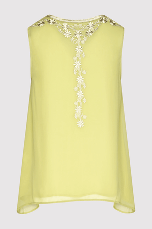 Selena Sleeveless Embroidered V-Neck Longline Assymetric Hem Lightweight Top in Green