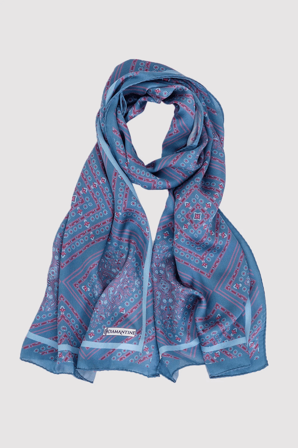 Silk Satin Scarf in Blue & Pink Print