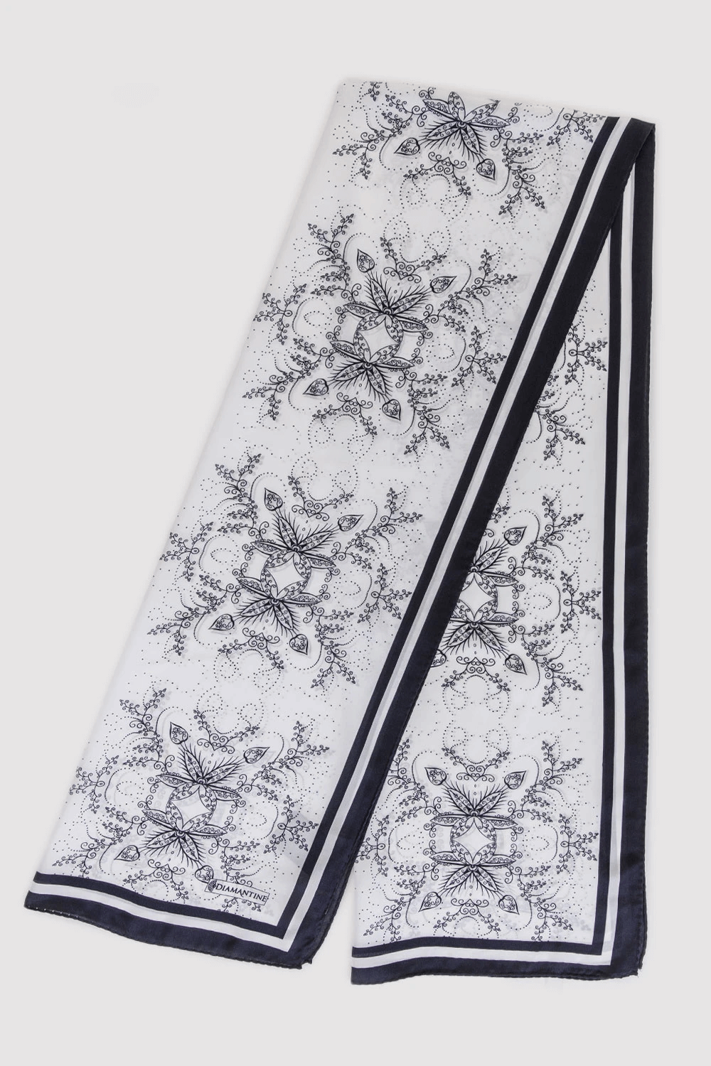 Silk Satin Scarf in Black & White Floral Print