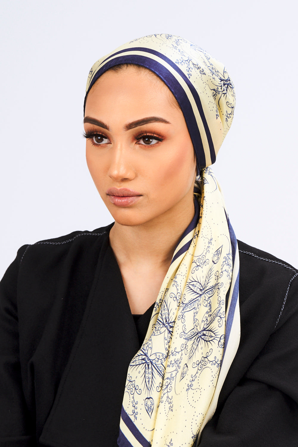 Silk Satin Scarf in Yellow & Blue Floral Print