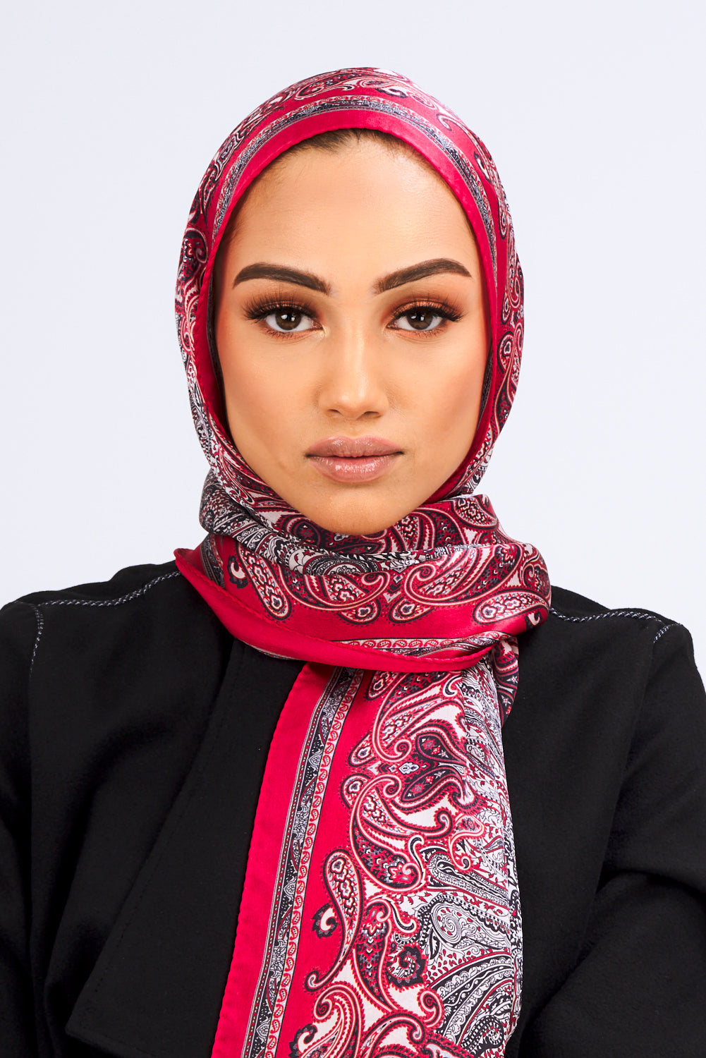Silk Satin Scarf in Red & Grey Paisley Print