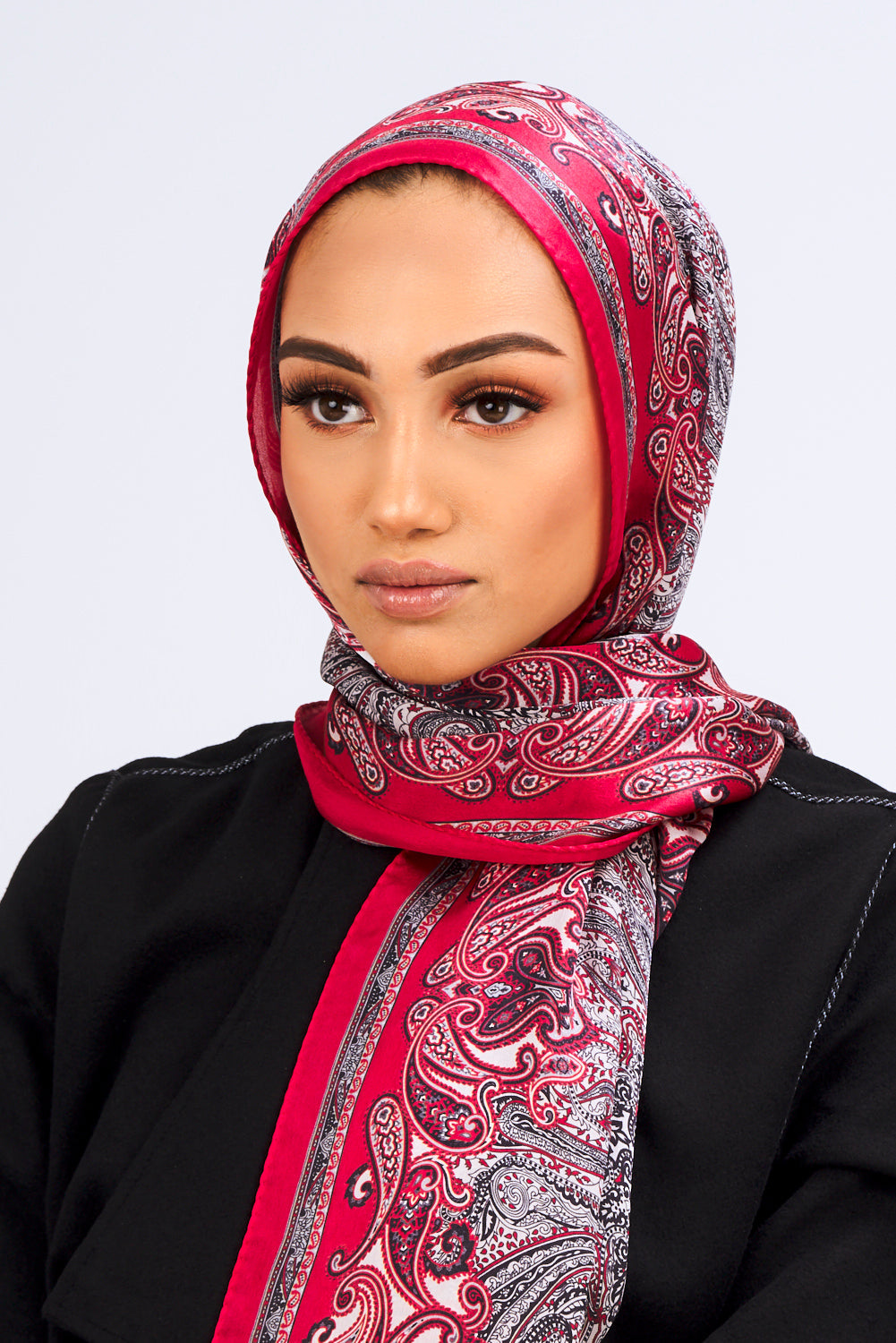 Silk Satin Scarf in Red & Grey Paisley Print