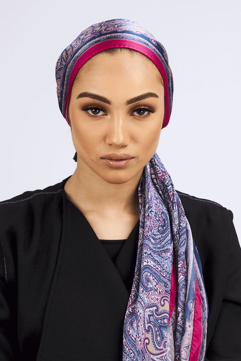 Silk Satin Scarf in Pink & Blue Paisley Print