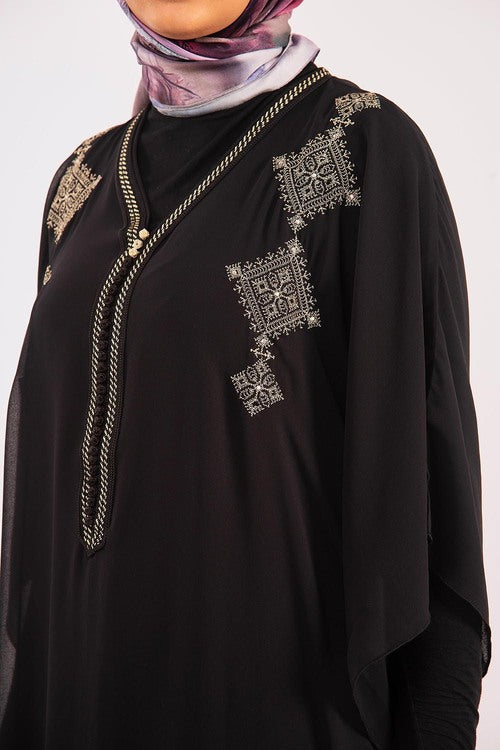 Kaftan Iklil Cropped Sleeve V Neck Loose Maxi Gandoura Dress in Black