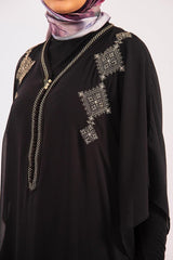 Kaftan Iklil Cropped Sleeve V Neck Loose Maxi Gandoura Dress in Black