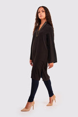 Chourouk Tunic-Style Longline Long Sleeve Top with Belt in Black
