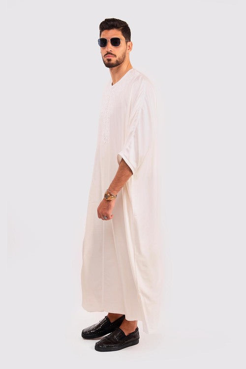 Gandoura Badii Men's Long Robe Long Sleeve thobe in Ecru