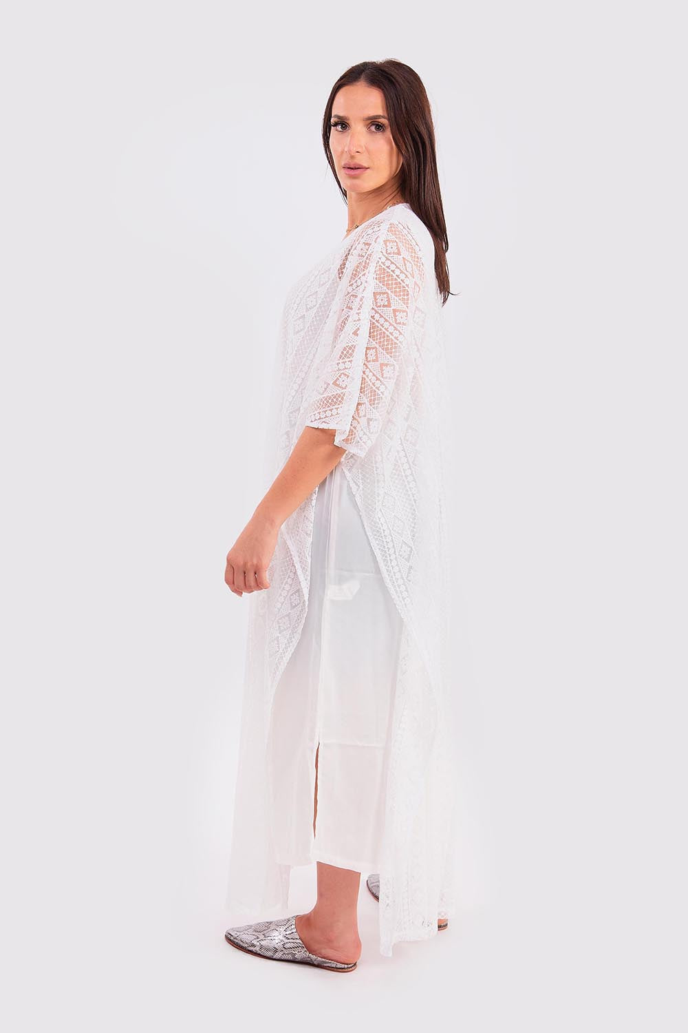 Kaftan Dentella Cropped Sleeve Layered Lace Midi Dress Gandoura in White