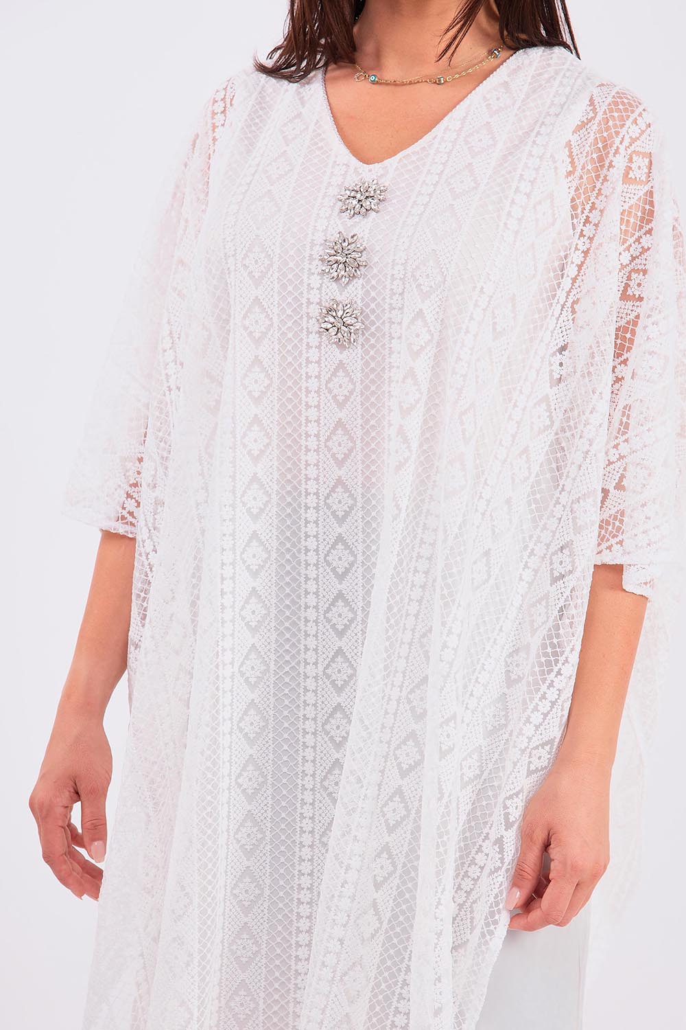 Kaftan Dentella Cropped Sleeve Layered Lace Midi Dress Gandoura in White