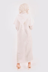 Djellaba Narcisse Short Sleeve Hooded Linen and Lace Maxi Dress Kaftan in White