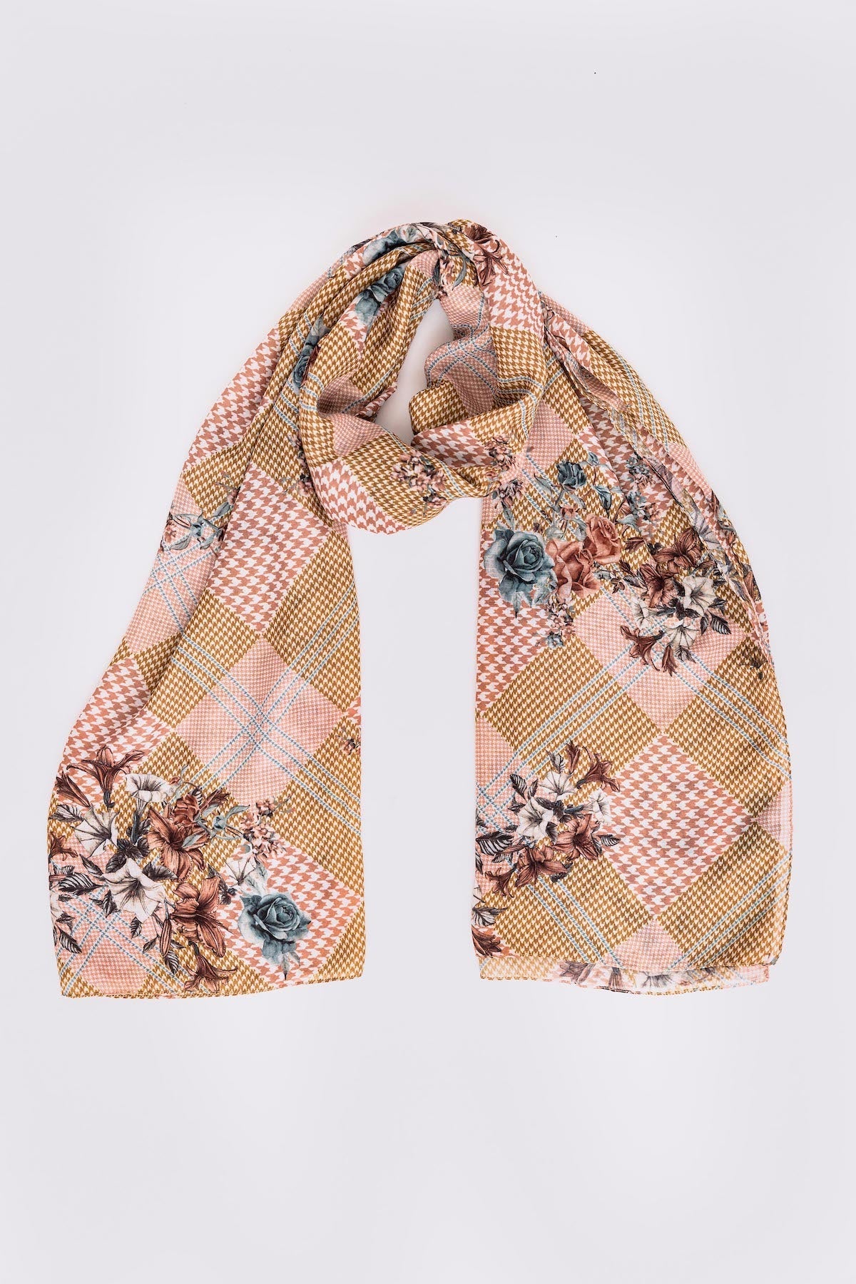Women's Lightweight Head Scarf in Beige Mixed Check and Floral Print