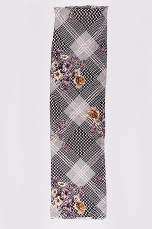 Women's Lightweight Head Scarf in Black & Purple Mixed Check and Floral Print