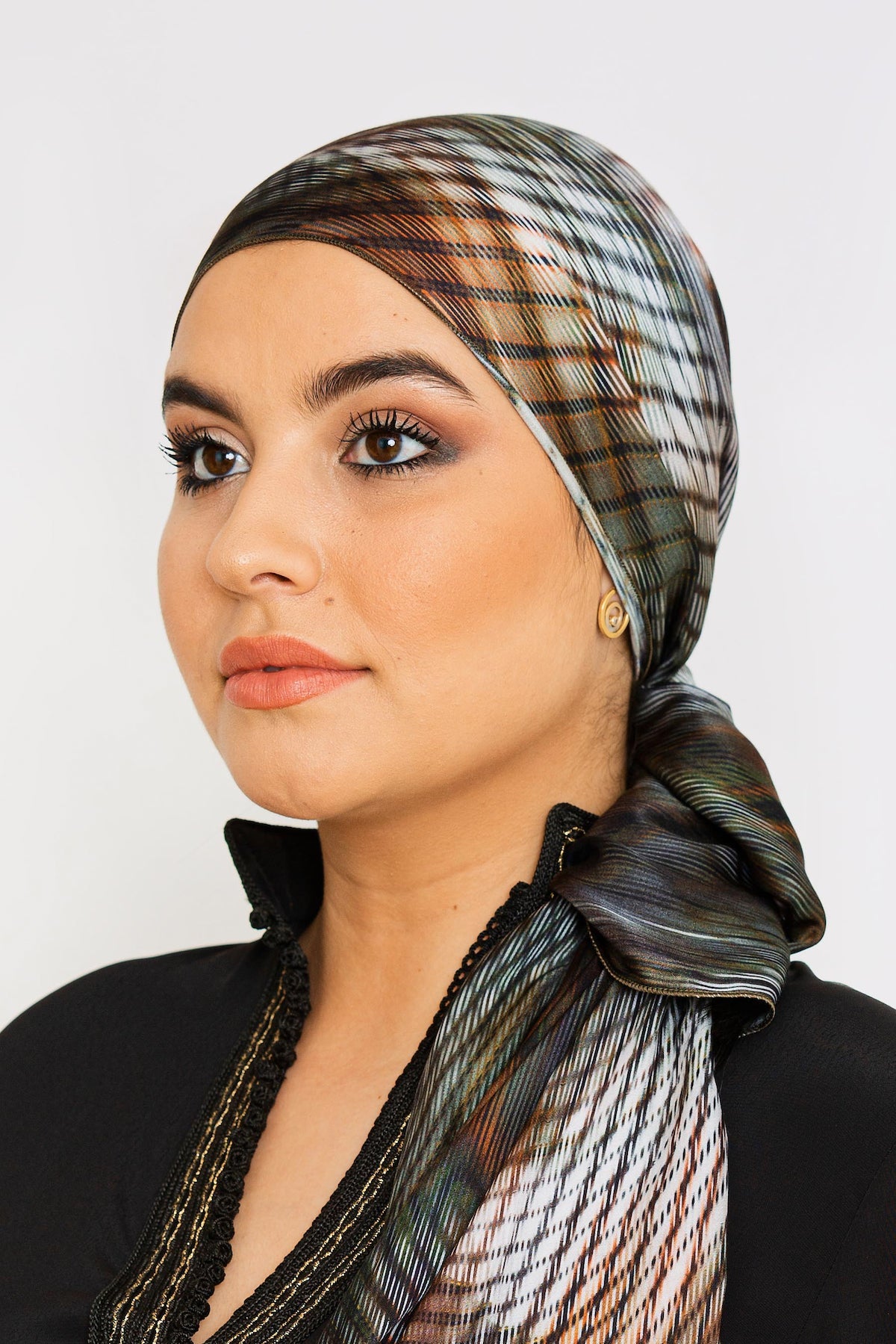 Women's Silk Satin Head Scarf in Khaki Green Print