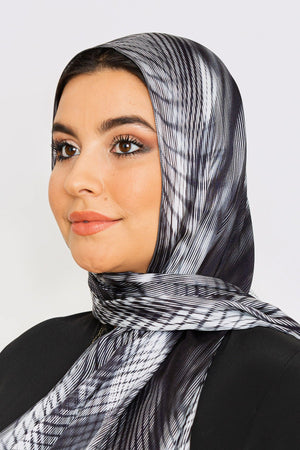 Women's Silk Satin Head Scarf in Black & White Print