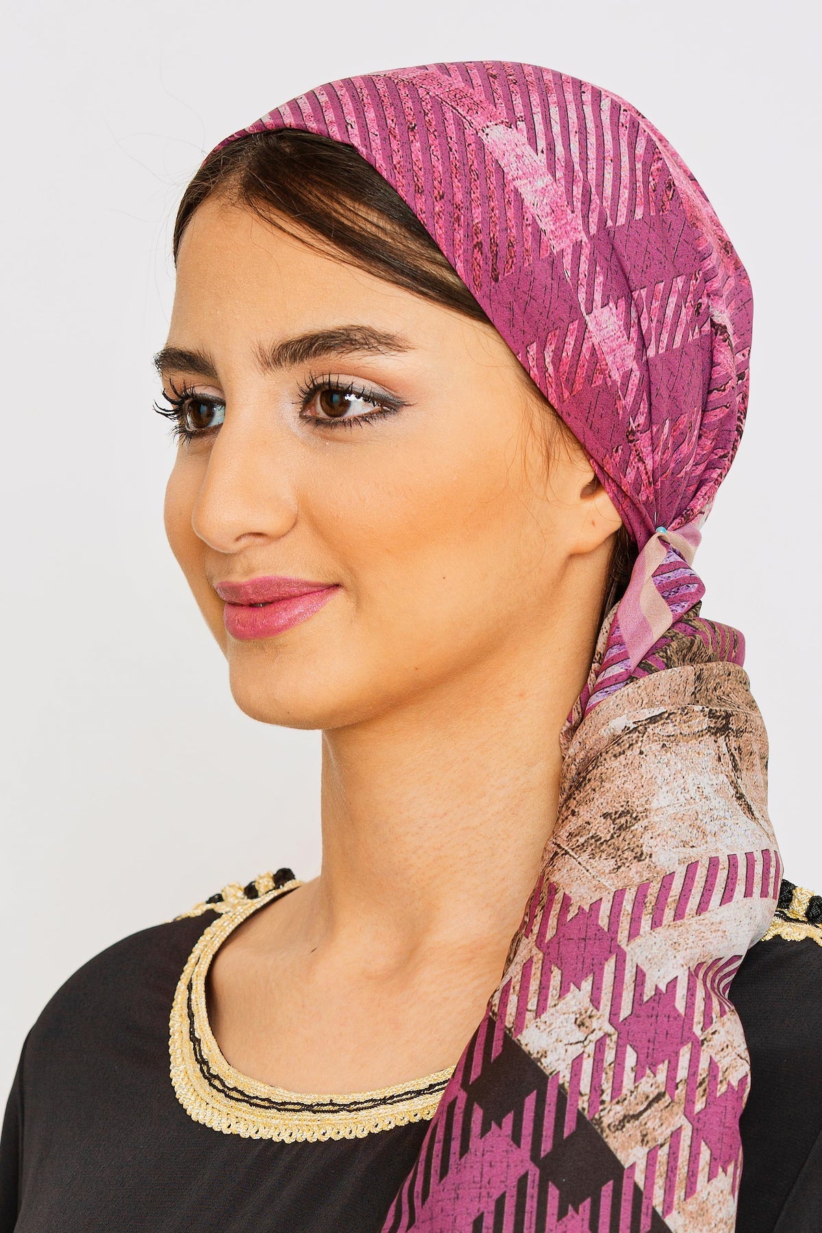 Women's Large Square Head Scarf in Purple Check Print