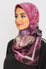 Women's Large Square Head Scarf in Purple Check Print