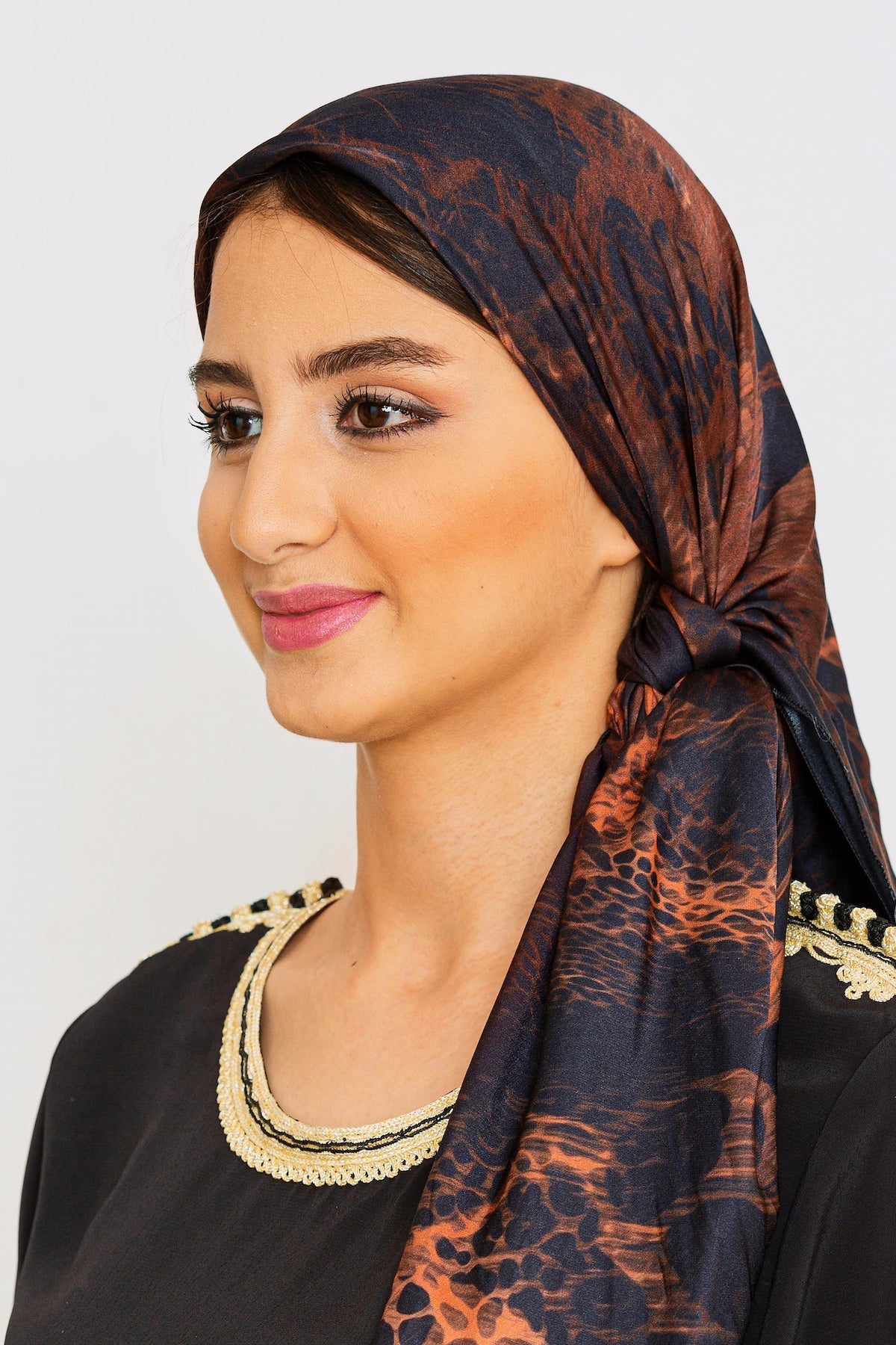 Women's Silk Satin Head Scarf in Camel Animal Print