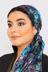 Women's Silk Satin Head Scarf in Blue Print