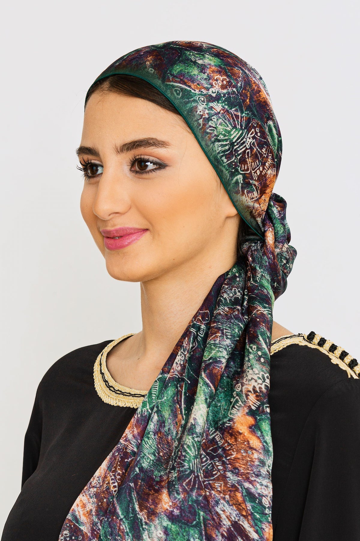 Women's Silk Satin Head Scarf in Green Print
