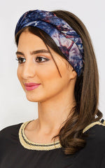 Women's Lightweight Satin Head Scarf in Marine Blue Abstract Floral Print