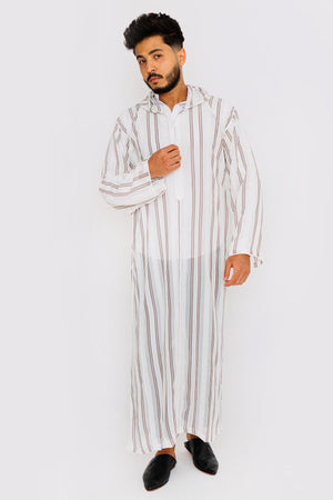 Chahma Men's Hooded Thobe Djellaba in Maroon & White Stripes