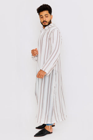 Chahma Men's Hooded Thobe Djellaba in Maroon & White Stripes