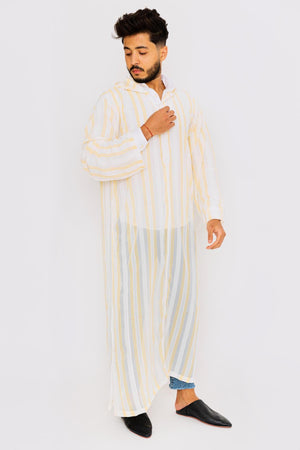 Chahma Men's Hooded Thobe Djellaba in Yellow & White Stripes
