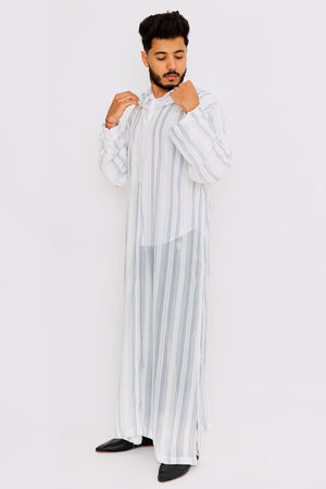 Chahma Men's Hooded Thobe Djellaba in Grey & White Stripes