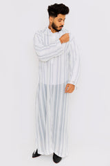 Chahma Men's Hooded Thobe Djellaba in Grey & White Stripes