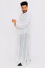Chahma Men's Hooded Thobe Djellaba in Grey & White Stripes