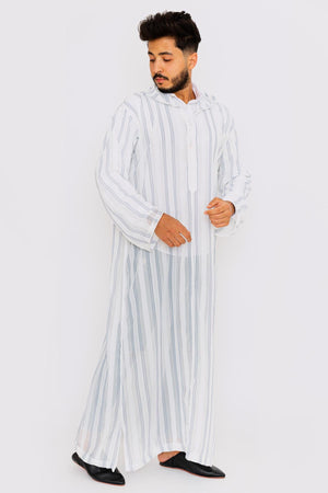 Chahma Men's Hooded Thobe Djellaba in Grey & White Stripes