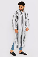 Chahma Men's Hooded Thobe Djellaba in Black & White Stripes