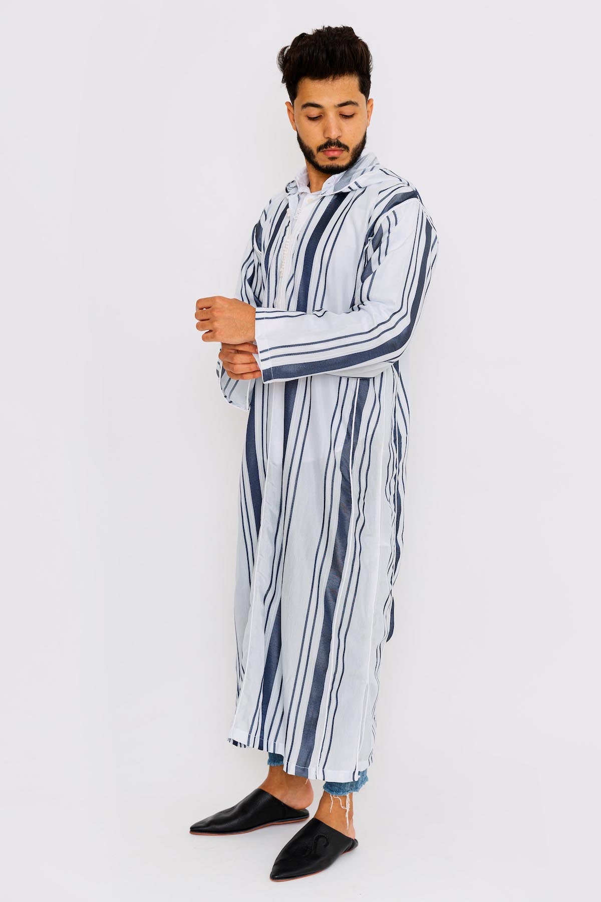 Chahma Men's Hooded Thobe Djellaba in Blue & White Stripes