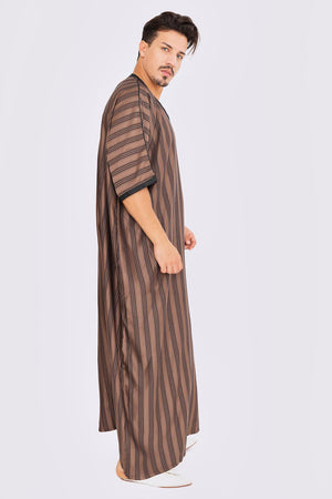 Striped Short Sleeve Mens Gandoura Thobe In Light Brown