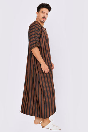 Striped Short Sleeve Mens Gandoura Thobe In Brown