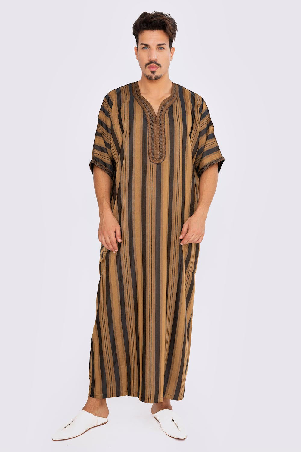 Gandoura Men's Short Sleeve Long Striped Thobe in Black & Brown