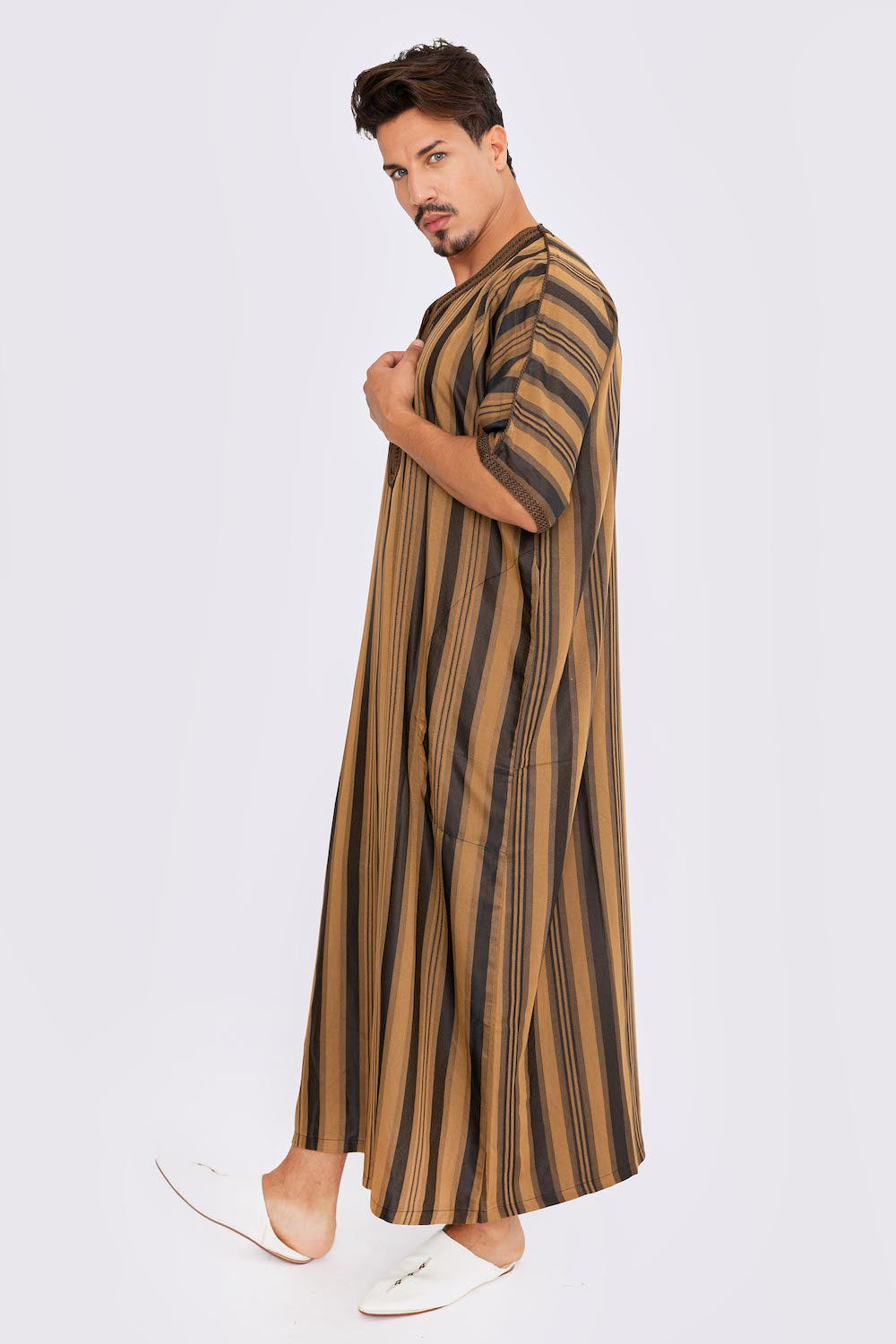 Gandoura Men's Short Sleeve Long Striped Thobe in Black & Brown