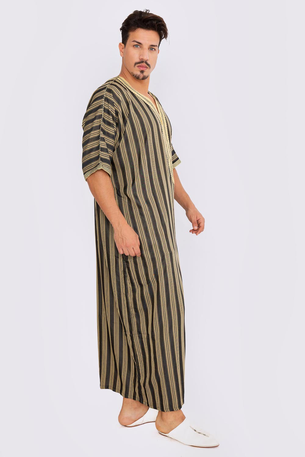 Gandoura Men's Short Sleeve Long Striped Thobe in Black & Gold