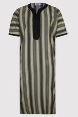 Gandoura Men's Short Sleeve Long Striped Thobe in Black & Off-White