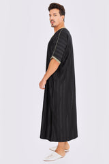 Gandoura Men's Short Sleeve Long Striped Thobe in Black