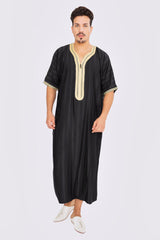 Gandoura Men's Short Sleeve Long Striped Thobe in Black